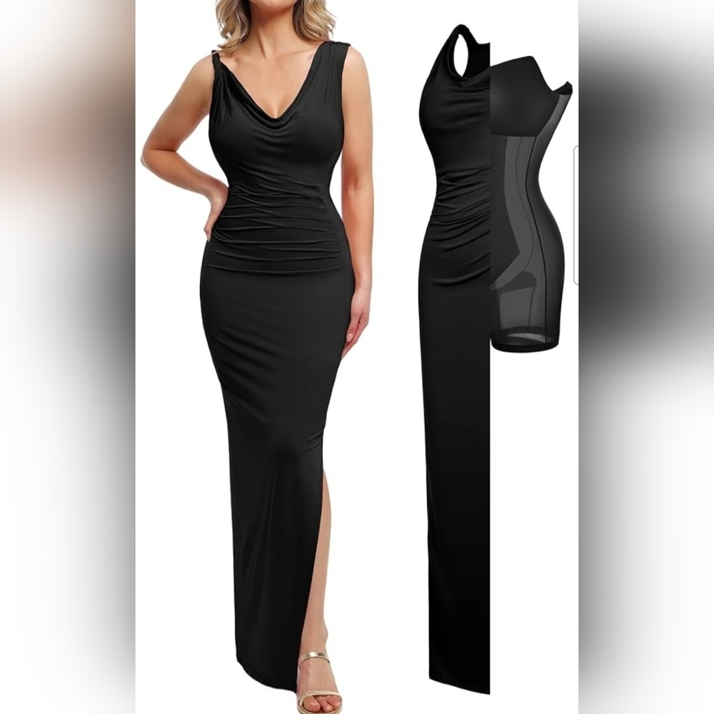 Popilush Women's Black Ruched Cowl Neck Bodycon Shapewear Tummy Control Maxi 3XL